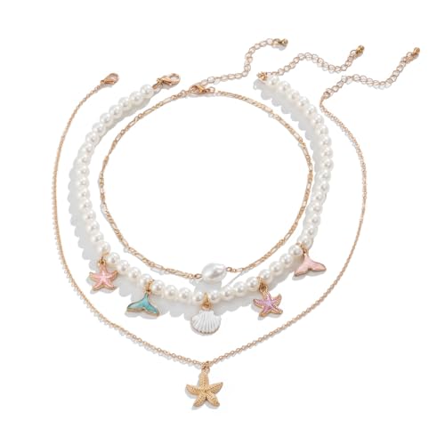 Image of SANNIDHI 3Pcs Necklace for Women Girls Boho Gold Seashell Starfish Pendant Necklaces Layered Beads Necklace Chains Beach Jewelry Gift Item for Women