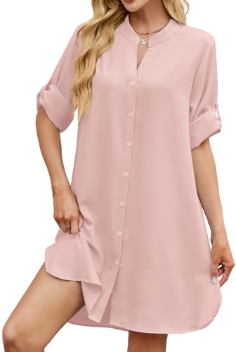 Image of PerZeal Womens Sexy V Neck Button Down Shirt Dresses Summer Short Sleeve Casual Loose Blouses & Button-Down Shifts Cover Ups