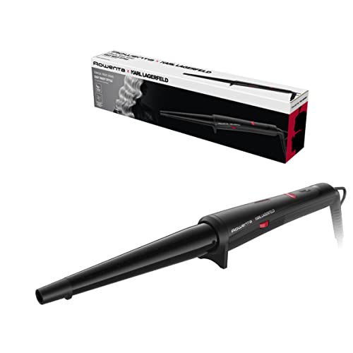 Rowenta x Karl Lagerfeld Tenacilla Cónica CF324L - Rizador de pelo profesional para rizos y ondas, forma cónica, revestimiento Keratin & Glow, control temperatura hasta 200 º, guante protector