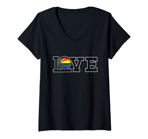 Womens Love Basketball LGBT-Q Gay Pride Rainbow Flag Sport Fan Ally V-Neck T-Shirt, Black
