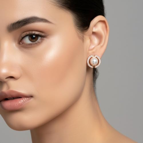 Image of Nilu's Collection Rose Gold Plated Triangular Design Pearl Stud Earrings With American Diamond for Women And Girls | Gift For Her | Anti- Allergy |Anti-Tarnish | Office Wear