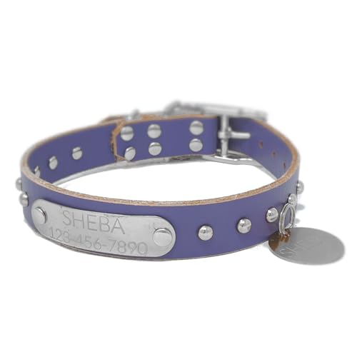 Handmade Personalized Studded Leather Dog Collar, Stainless Steel Nameplate and Round ID Tag (Periwinkle Purple)
