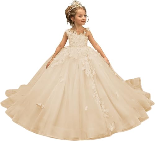 Flower Girl Dress for Kids Wedding Pageant Party Formal Ball Gown Princess Communion Tulle 3D Butterfly Long Dresses