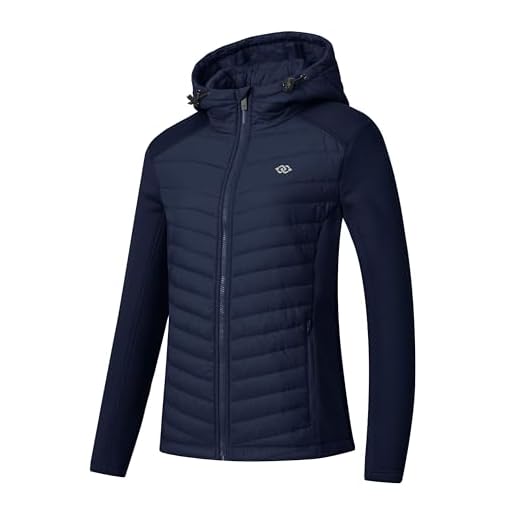 MoFiz Damen Sportjacke Steppjacke Premium Hybridjacke Atmungsaktiver Hooded Trainingsjacke für Laufen, Wandern und Freizeit Marineblau 2XL
