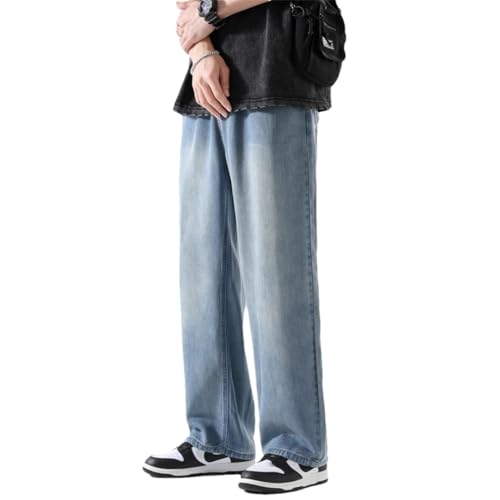 Men Spring Summer Elastic Waist Denim Trousers Korea Loose Straight Blue Pants Retro Blue XXL