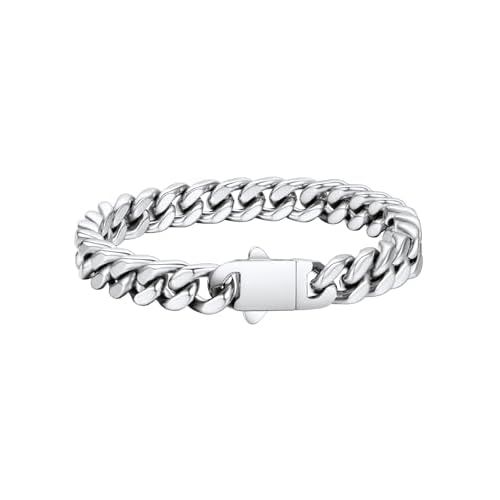 FaithHeart Cuban Link Bracelet for Men, Silver/Black/14K Gold Plated Stainless Steel Wrist Link Hip Hop Chain Bracelets, 5mm/7mm/9mm/12mm Width, 7.5"/8.3"/9" Length, with Gift Box A. Silver-