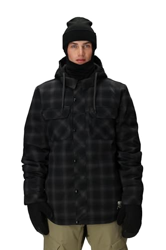 686 Men's Woodland Insulated Jacket - Winter Clothing with Removable Hood & Ski Pass Pocket - Water & Weather Resistant - Black Plaid, Large