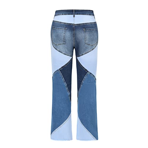 THUNDER STAR Women's Stretch Wide Leg Jeans Mid Rise Patchwork Denim Pants2
