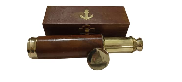 Spyglass Wooden Pipe Brass Collapsible Hand Telescope with Wooden Box Small Vintage Pirate Decor Brass Decorative Telescope 16'' - Antique Collectibles