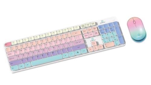 Image of Wireless Keyboard and Mouse Combo with Chocolate Keycaps, 104 Keys, 2.4 GHz, Multicolor, DPI 1600, Plug and Play, Silent Typing, Ergonomic, for Windows, MacOS, Laptop, PC, Linux, White