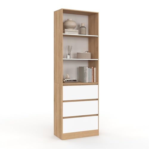 IDMarket - Etagère bibliothèque Carla 3 Niveaux 3 tiroirs Blanc et Effet Bois 190 cm
