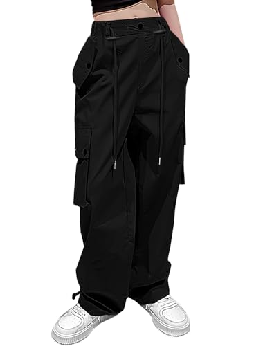 Image of HENGAO Girls Y2k Cargo Pants Drawstring Harajuku Jogger Parachute Pants with Pockets, Black,13-14 Years = Tag 170