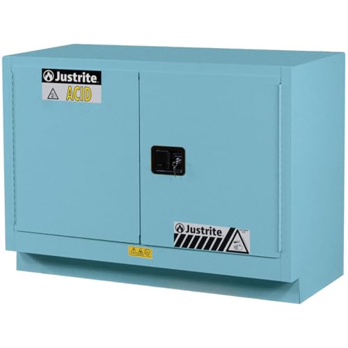 Image of Justrite Acid Corrosive Storage Cabinet - 31 Gallon 2 Door Manual Close Chemical Storage Cabinet with ChemCor Coating - 22 inch x 36 inch x 48 inch - Made in The USA - Light Blue - 8849022