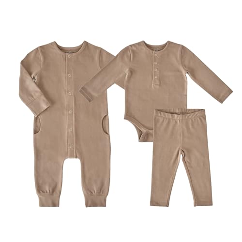 PEHR Babys First Essentials Set Portobello | 100% Organic Cotton 3-Piece Unisex Newborn Gift Set | Long Sleeve One-Piece Romper and Leggings (03M)