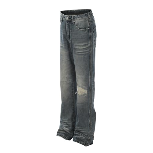 Jeans Pants Trousers Denim Retro Street Trendy Punched Water Washed Blue Loose Micro Horn Commuter Straight for Men4