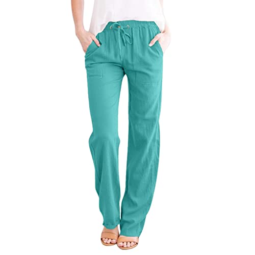 Pantalones de pierna ancha para mujer, talla grande, cintura elástica, pantalones de algodón de verano, con cordón, holgados, casuales, holgados, ligeros, transpirables, color liso con bolsillos, azul