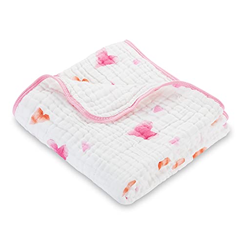 Image of LollyBanks Muslin Baby Quilt 100% Cotton, 6 Layers Soft Baby Blankets for Girls, Large 47 x 47 Inches Baby Receiving Blankets, Durable Baby Bedding, Newborn Essentials, Registry (Heart Print)