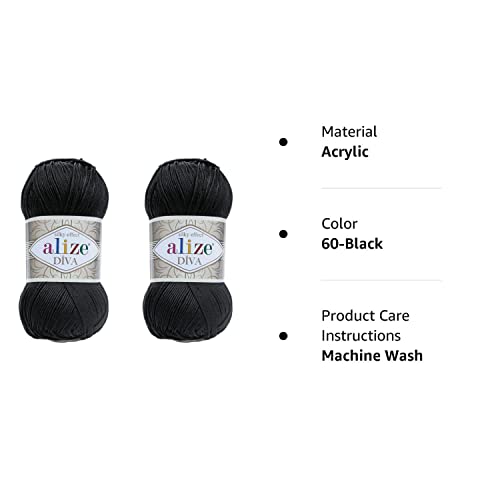 Alize Diva Yarn Hand Knitting Yarn 100% Microfiber Acrylic Yarn Alize Diva Silk Effect Thread Crochet Art Lace Craft Lot Of 2 Skeins 200Gr 767 Yds (60-Black) #TOP1