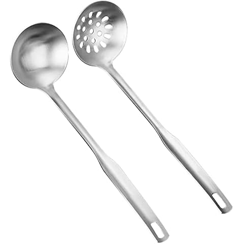 2 PCS Soup Ladle Skimmer Spoon Set, SUS304 Slotted Spoon Serving Spoons,Ladle Colander Cookware Utensil,Long Handle for Serving & Scooping Sauces,Gravy and More Cover