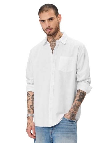 Image of The Souled Store Bold Black Men and Boys Long Sleeve Collared Neck Buttoned Front Regular Fit Cotton Linen Shirts