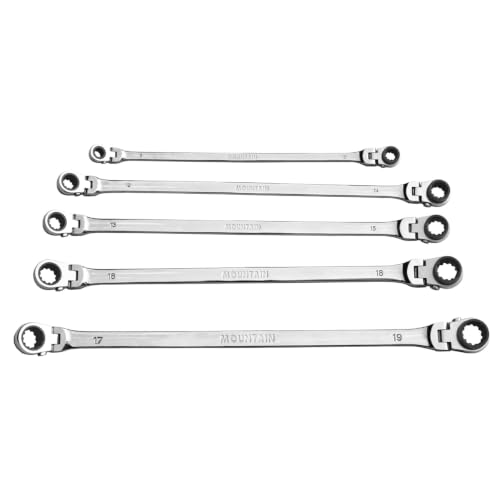 MOUNTAIN RM6, 5 Piece Metric Double Box Universal Spline Reversible Ratcheting Wrench Set, Extra Long Chrome Vanadium Steel, 90 Tooth, 4 Degree Swing Arc, Flexible Design for Hard to Reach Fasteners