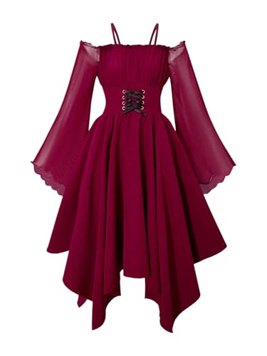 Verdusa Tween Girls Dress Ruffle Lace Up Corset Dress Flare Sleeve Asymmetrical Long Flowy Dresses Burgundy 11 Years