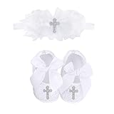 Bow Dream Baby Girl Baptism Christening Shoes Dedication Lace Reinstones with Headband, 2pcs White, 6-12 months