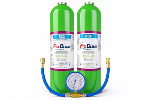 FixClima R32 Kältemittel Premium Nachfüllset für Klimaanlagen – 2 × 400 g Ersatzgas inkl. Profi-Manometer & Füllschlauch – für Split- und Monoblock-Klimasysteme – starke Kühlleistung Veltao