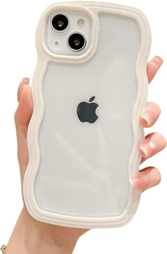 Image of MIDOS Back Cover Compatible with iPhone 15, Cute Curly Wave Frame Clear Case for Girls Women, Transparent Soft Silicone TPU Bumper Shockproof Protective Cover for iPhone 15 (White)