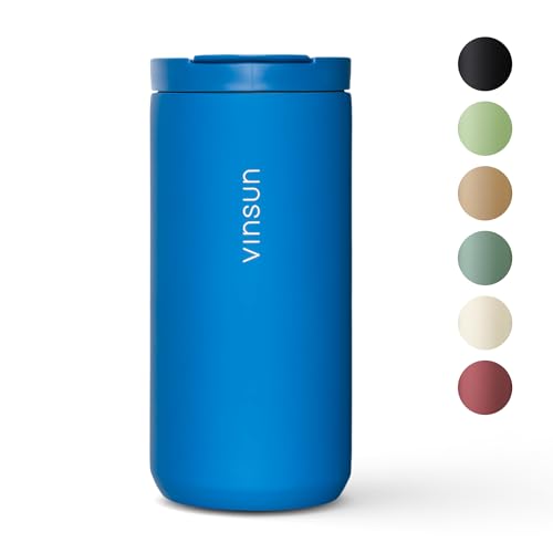 Vinsun Thermobecher Kaffee to go 380ml - Edelstahl, auslaufsicher, doppelwandig isoliert - Heiß & Kaltgetränke - blauer Kaffeebecher mit Deckel für Reisen, Auto, Büro