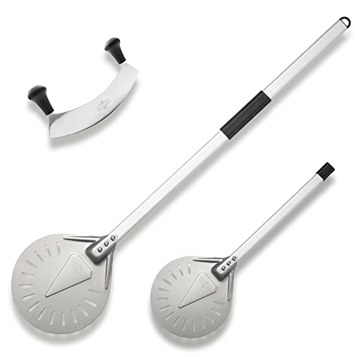 My Cosy Home Pizza Turning Peel -Perforated Pizza Spatula-Detachable Handle24or40â- Outdoor Oven Accessories-Full Protects from Heat Balanced-With Mezzaluna Pizza Cutter-Silver Color, 9x39.7