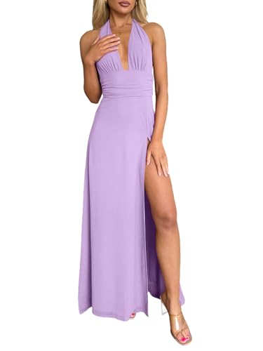 Image of Ekaliy Womens Sexy Halter Deep V Neck Maxi Dress Sleeveless Backless Split Long Dress