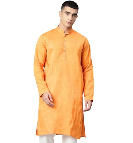 Image of Majestic Man Men's Cotton Regular Fit Traditional Mandarin Collar Ethnic Motifs Solid Long Kurta