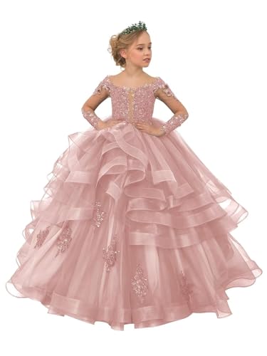Long Sleeve Flower Girl Dresses Lace Applique Beaded Princess Pageant Dress Ruffle Tulle First Communion Dress