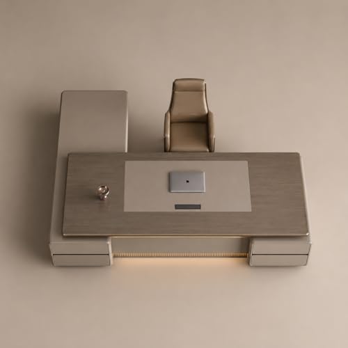 Image of Modern Luxury Executive Office Desk with Side Storage Unit, Premium Wooden Manager Table for CEO Cabin, Contemporary Office Furniture with LED Panel Design (LDL-889 MDFL L8W3)
