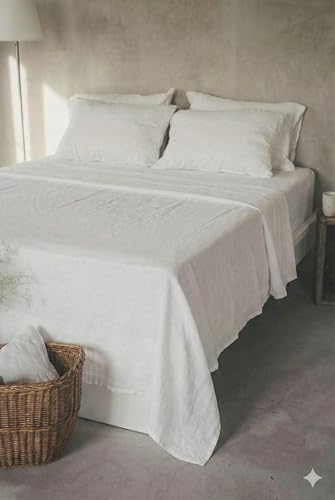 Ger3as Leinen Bettlaken ohne Gummi – 100prozent Stonewashed Leinen Flachlaken – Atmungsaktiv – Ohne Kissenbezüge – (Off White, 230 x 250 cm)