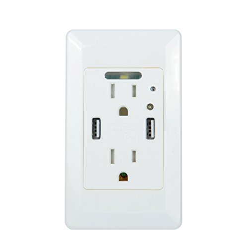 New Product GREENCYCLE High Speed USB Charger Wall Outlet,15-Amp Duplex Receptacle,2 USB Charging Ports 4.2A and 2 Electrical AC Outlets, with Power-Saving Auto Nightlight Sensor and Wall Plates (White, 1 Pack)