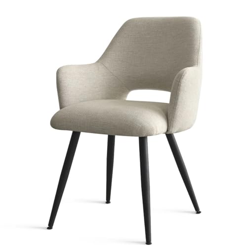 Image of Finch Fox Motel Luxurious Home Collection Upholstery Fabric Arm Dining Room Chairs in Beige Color with Black Metal Powder Coated Legs (Set of 4)