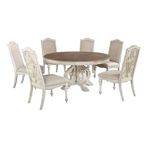 HOMES Inside Out Berrymore Rustic 7 Piece Round Dining Table Set Antique White
