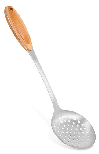 Internet’s Best Stainless Steel and Bamboo Skimmer - Wooden Kitchen Utensil Metal Skimmer - Cooking Spoon Strainer Soups Pasta