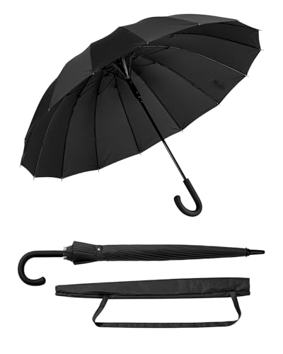Comeria Premium Windproof Umbrella Classic J stick Handle with Easy Grip - Auto Open, Rainproof and Durable Canopy Design Perfect for Rainy Days Sunshade (Black)