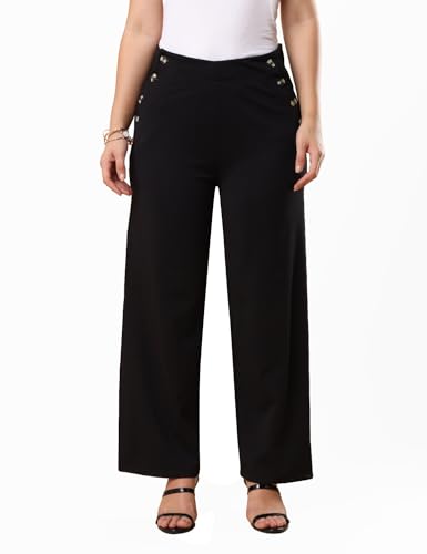 Image of FYLTR Women's Classic Wide Leg Trousers with Side Button-up Design | Mid-Rise | Trouser Pants for Women