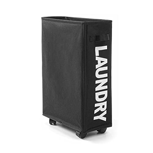 Vivva Slim Laundry Basket with Leather Handle on Wheels, Foldable Corner Storage Bins, Collapsible Rolling Laundry Hamper(Black)