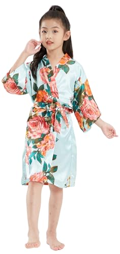 EQIQU Kids Girls Silky Satin Kimono Robe for Spa Wedding Birthday Party Child Childrens Gifts Flower Light Blue 10