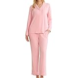 LYCY Damen Pyjama Set Weich Lounge Schlafanzug Set Langarm mit Taschen Knopfleiste Homewear 2 teilig (Rosa, 2XL)