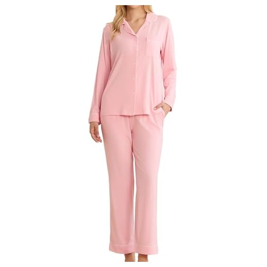 LYCY Damen Pyjama Set Weich Lounge Schlafanzug Set Langarm mit Taschen Knopfleiste Homewear 2-teilig (Rosa, M)