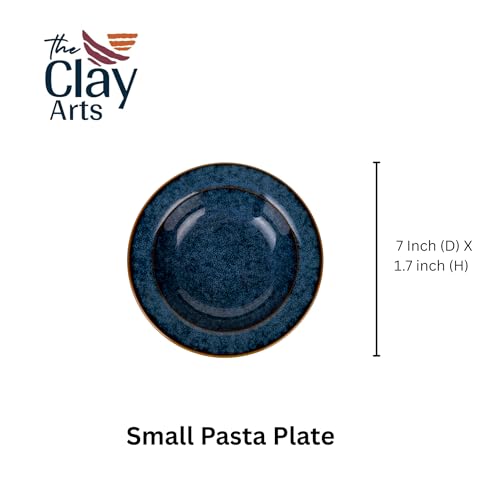 Image of Premium Pasta Plates, Ceramic Plates for Pasta, Small, Round & Deep Dish, Microwave & Dishwasher Safe, Handmade Stoneware, Elegant Tableware, Rustic Blue, 7 Inch, Set of 2