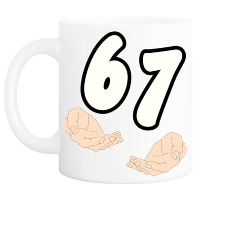 Image of Trendi 67 Meme Coffee Mug, 11 oz – Funny Number Joke Ceramic Mug with Hand Gesture, Viral Meme Gift for Friends, Birthdays & Gag Gifts