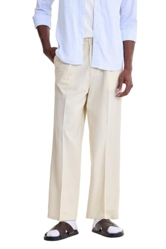 Image of SNITCH Men Trousers Holiday & Casual Wear | Relaxed Fit Pleated Front & Straight Leg Design | Breathable Cotton Linen Blend Fabric for Summer & Vacation Outings