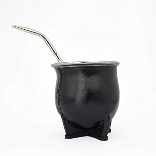Yerba Mate Premium Gaucho Pumpkin (Mate Cup) Gaucho Mate - Leather wrapped - with stainless steel details and Yerba Mate Steel Straw (Bombilla) Black (Black)